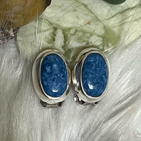 Vintage Sterling Blue Marbled Clip Earrings - Picture 1 of 14